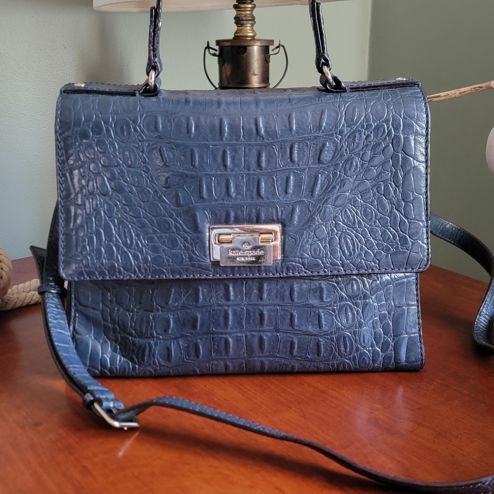 Kate Spade Orchard Valley Doris Blue Croc Embossed Leather Satchel
